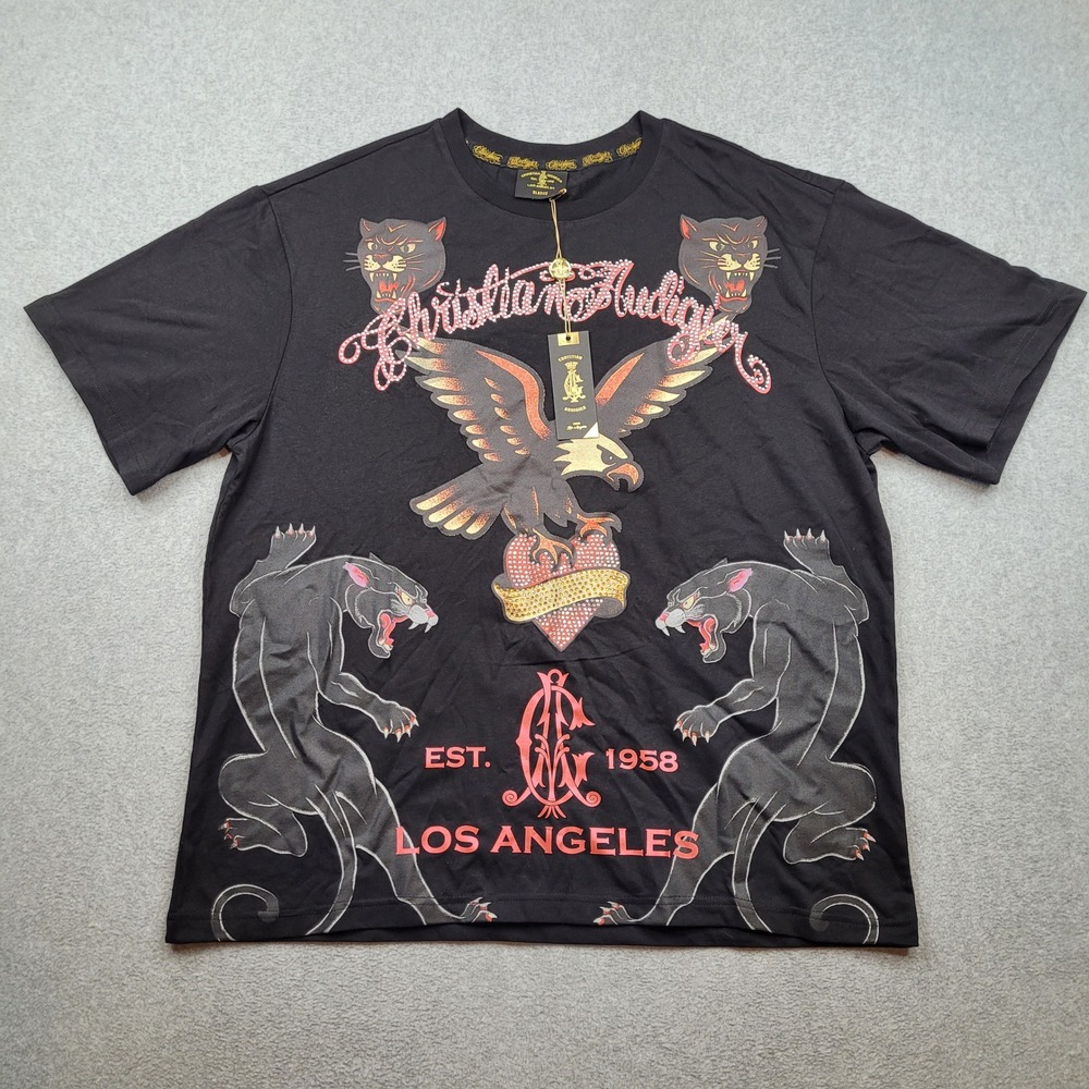 Christian Audigier T-Shirt Mens XL Black Panther Eagle Graphic Rhinestone NWT